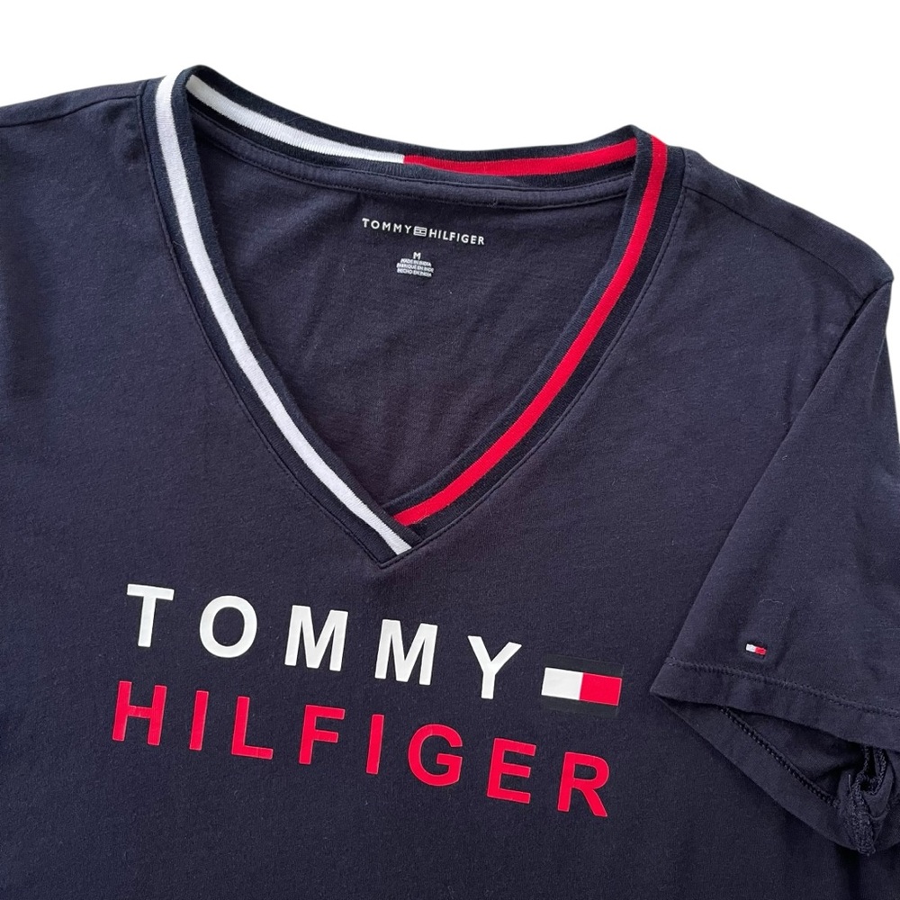 Tommy Hilfiger Womens M Navy Red White Graphic Print V-neck Short Sleeve T-Shirt